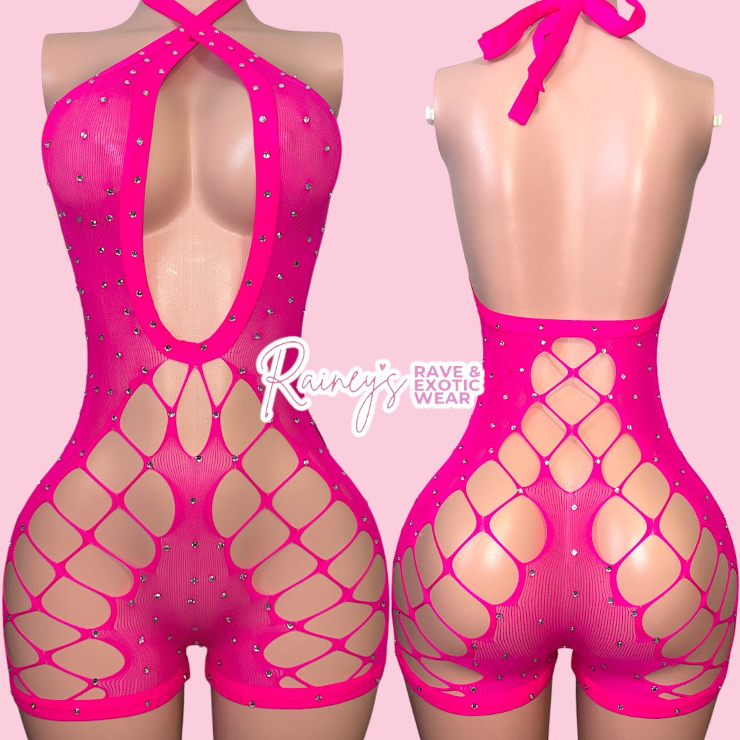 Pink Halter Fishnet Set