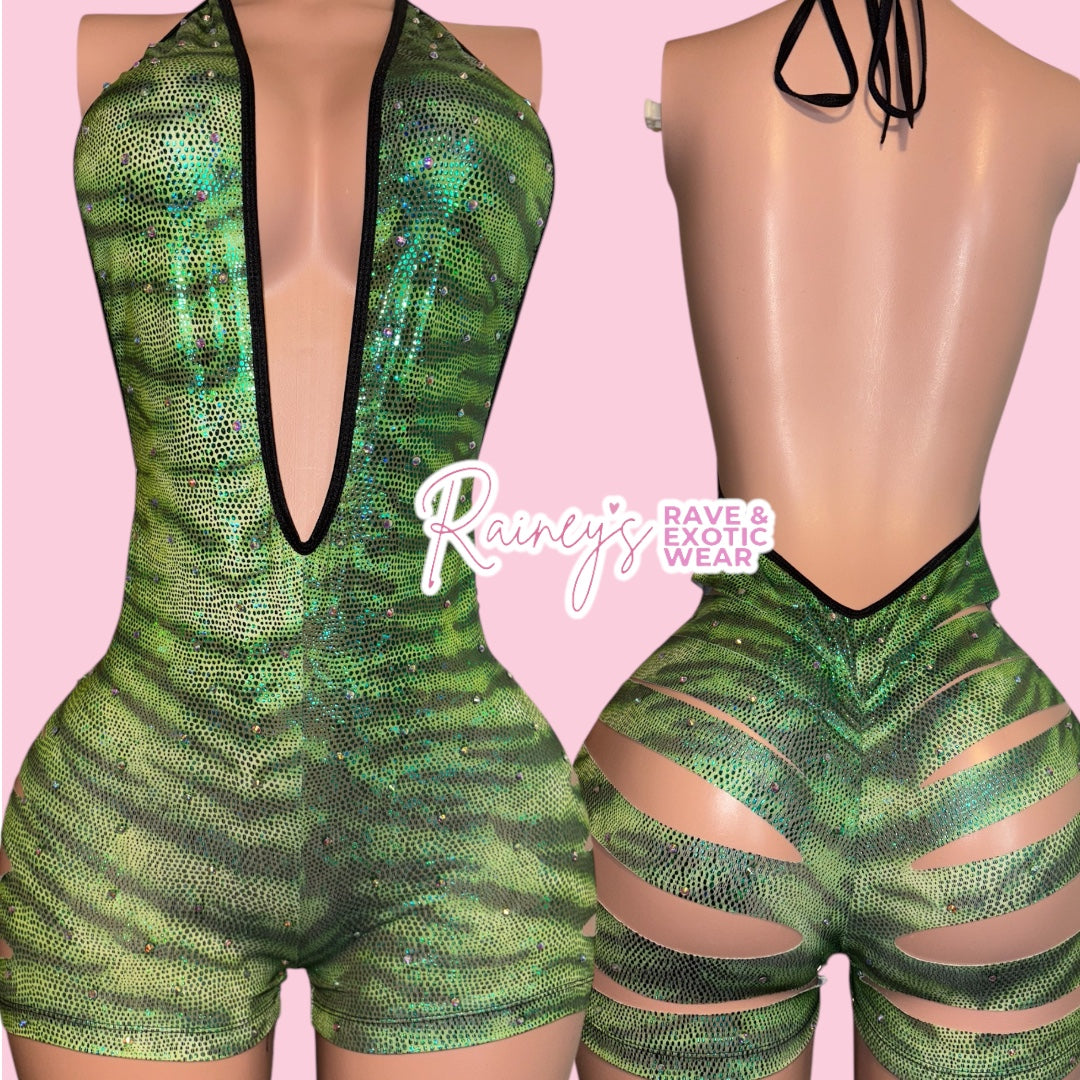 Green Tiger/Snake Print One Piece Cut Short Set