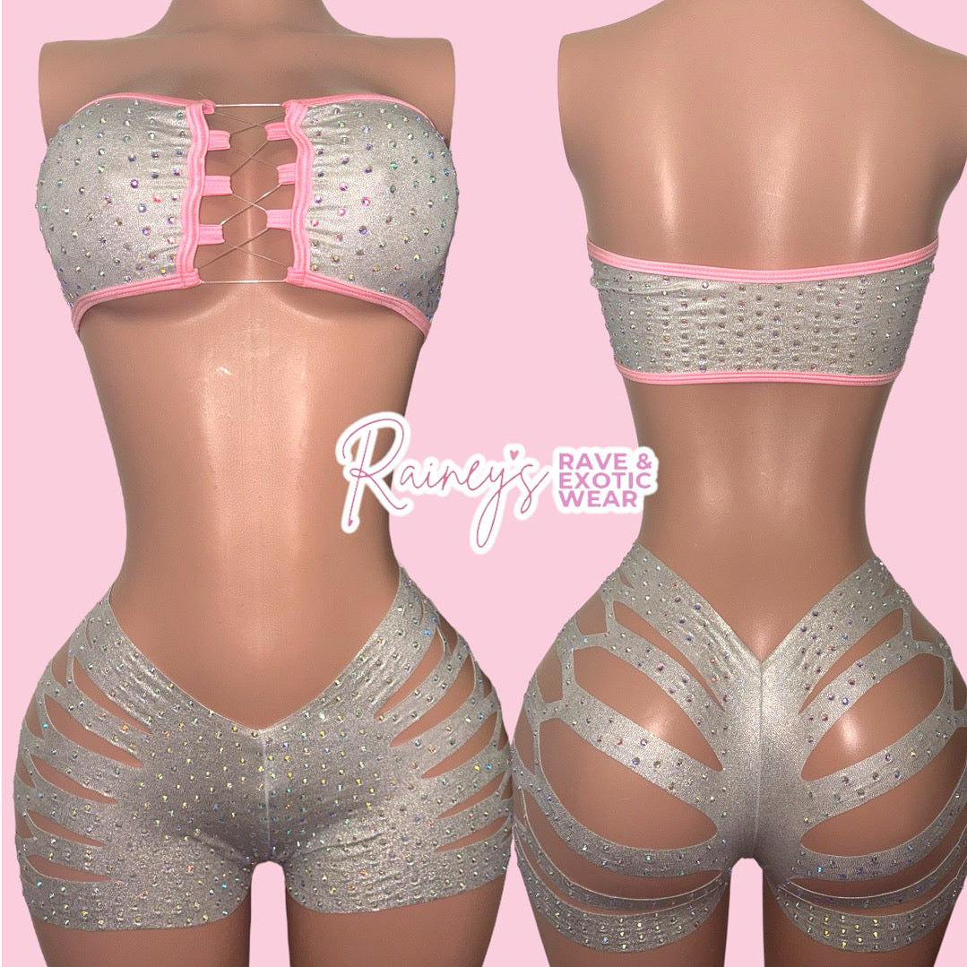 Silver/Pink Tube Top Cut Shorts Set