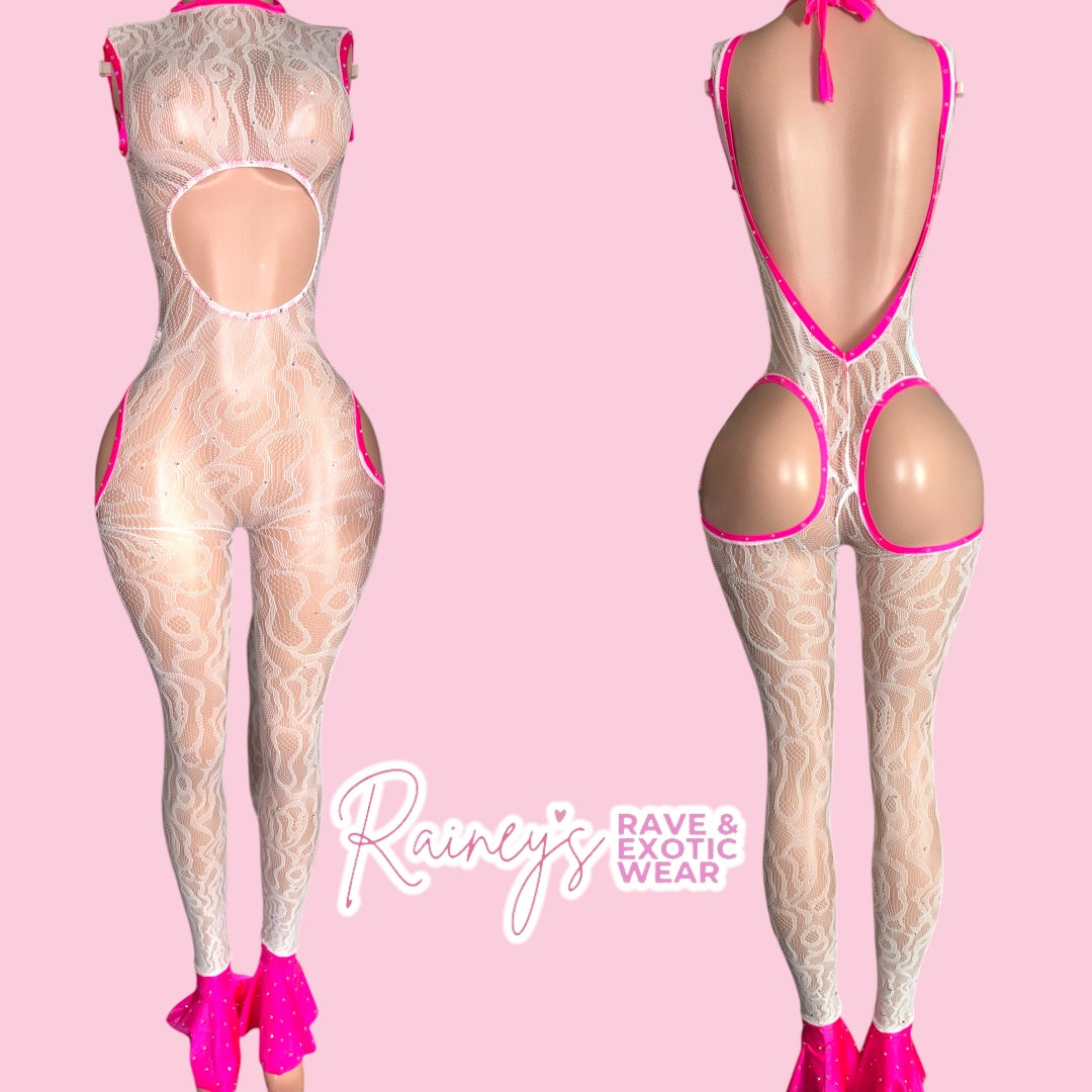 White/Pink Fishnet Leg Sleeve Flare Set