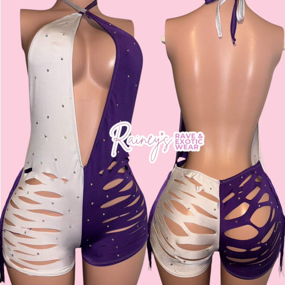 White/Purple Fringe One Piece Cut Shorts Set