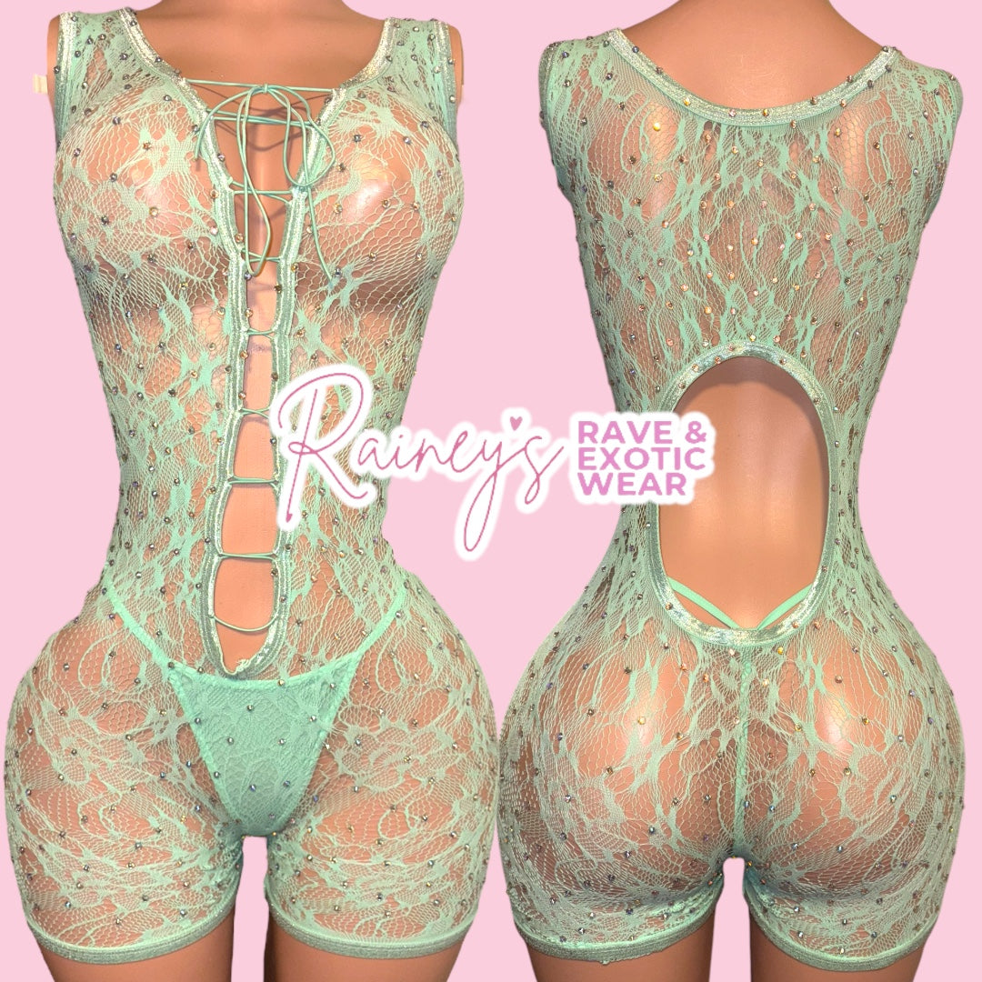 Blue Fishnet Romper Set