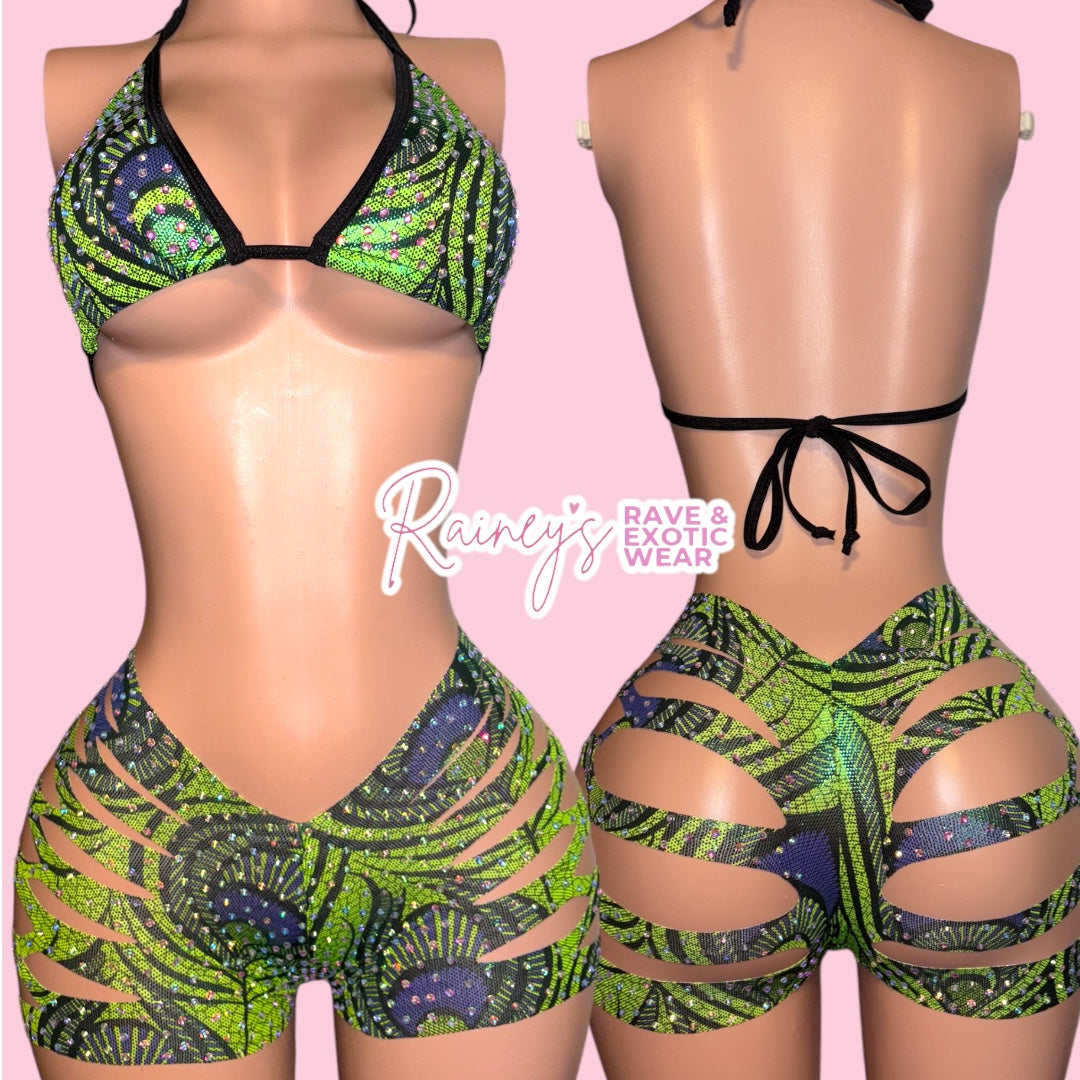 Green Multicolored Og Cut Shorts Set