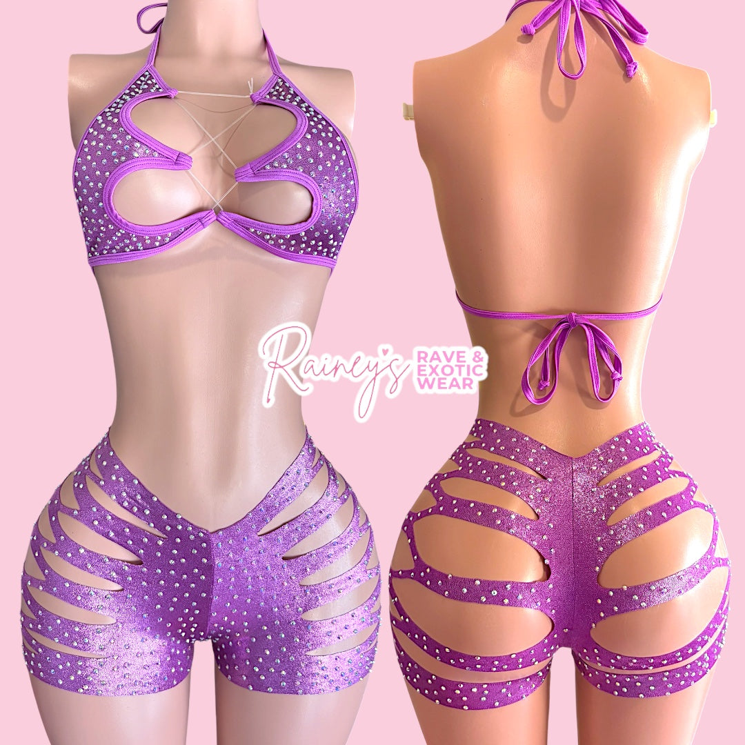 Purple Metallic Jasmine Top Cut Shorts Set