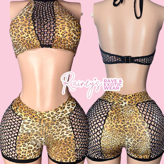 Cheetah/Black Fishnet Shorts Set