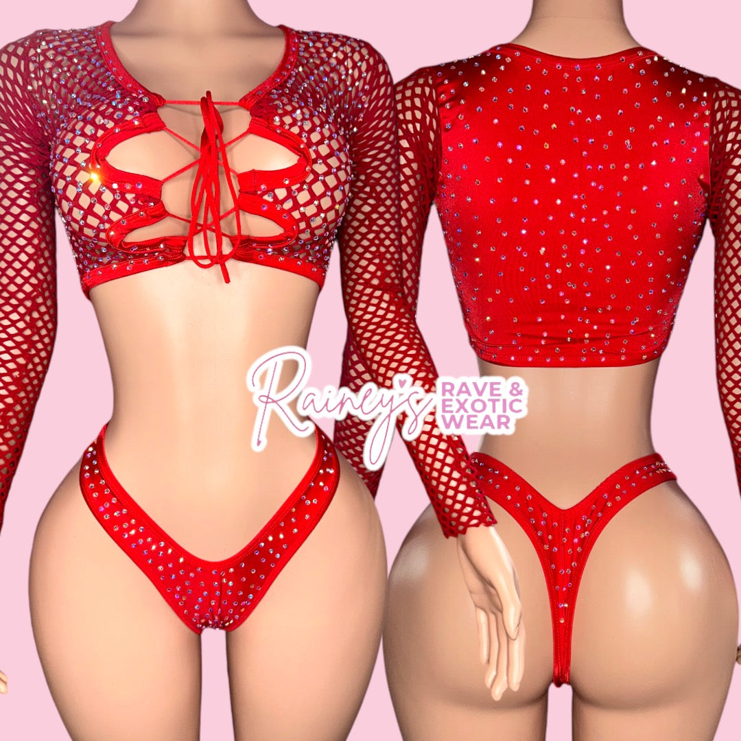 Red Long Sleeve Fishnet Thong Set