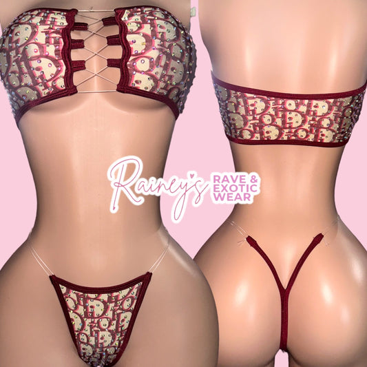 Maroon/Cream Dior Tube Top Micro Set