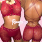 Red (Maroon) Fishnet Shorts Set