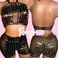 Brown Metallic Fishnet Shorts Set