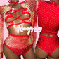 Red Multicolored Long Sleeve Fishnet High Waist Set