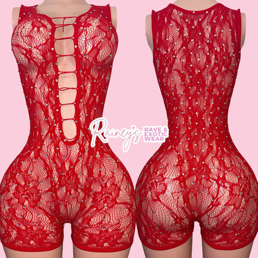 Red Lace Romper Set