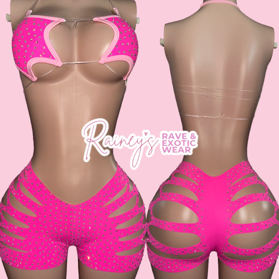 Pink (Two Tone) Star Top Cut Shorts Set