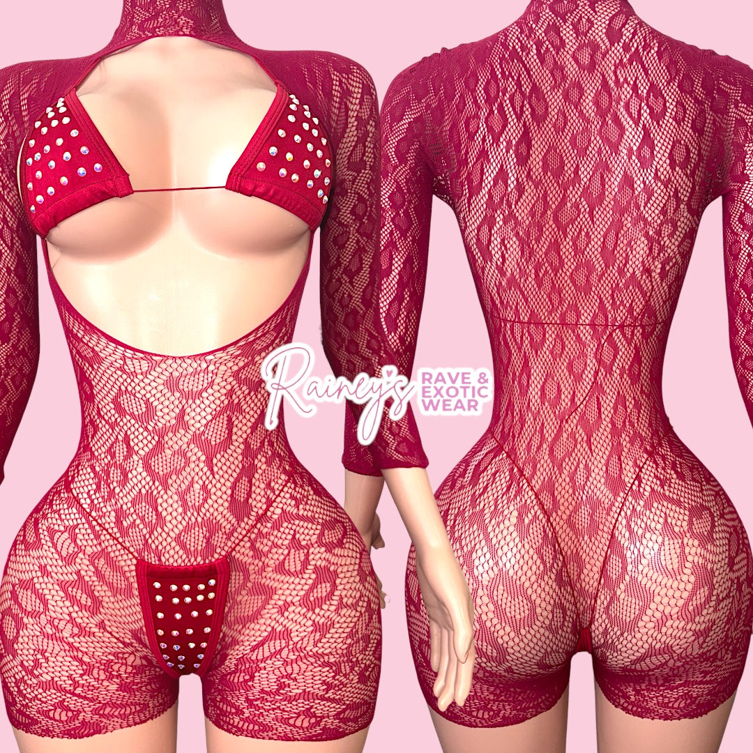 Maroon Open Cheetah Fishnet Set