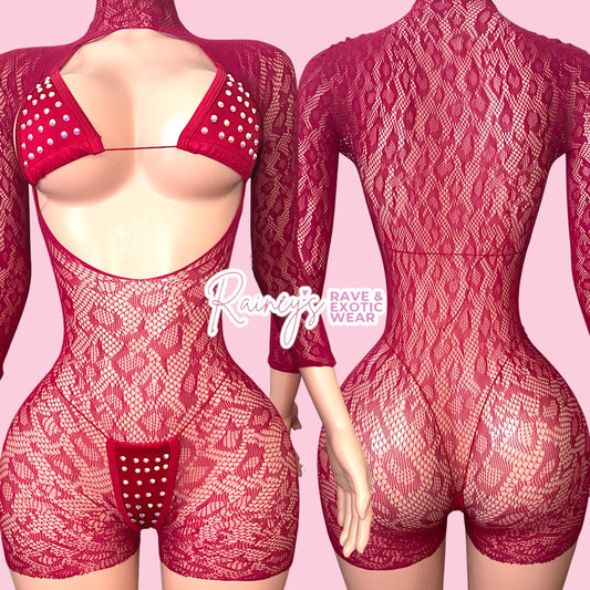 Maroon Open Cheetah Fishnet Set