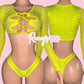 Neon Yellow Long Sleeve Fishnet Thong Set