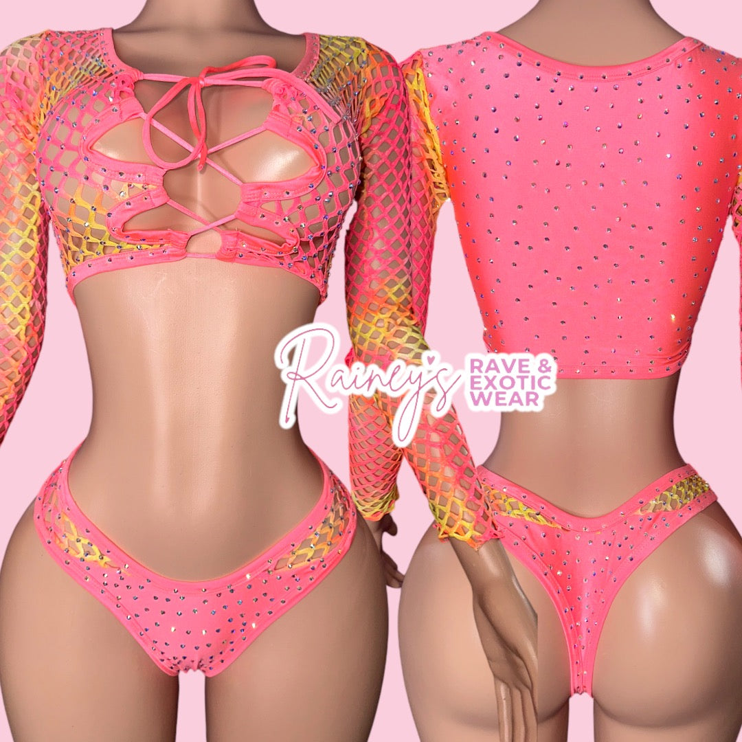 Coral/Yellow Long Sleeve Fishnet Thong Set