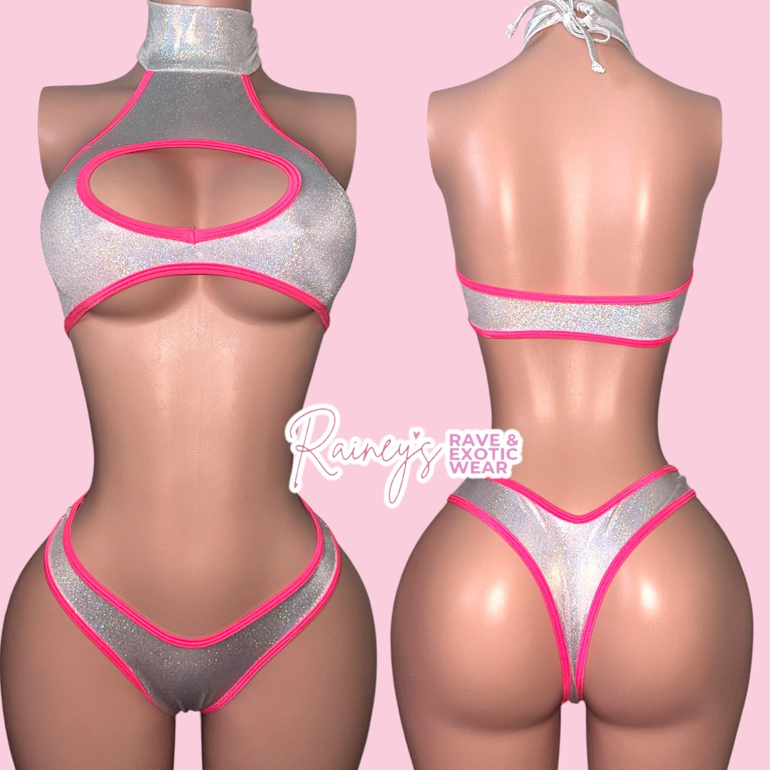 Silver/Pink Halter Thong Set
