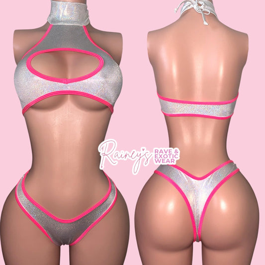 Silver/Pink Halter Thong Set