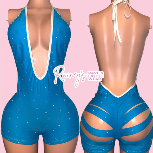 Blue One Piece Cut Shorts Set