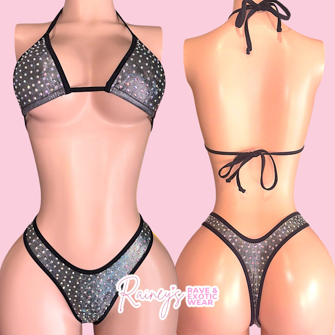 Grey/Black Metallic Thong Set