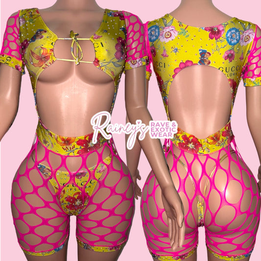 Yellow/Pink GG Fishnet Romper
