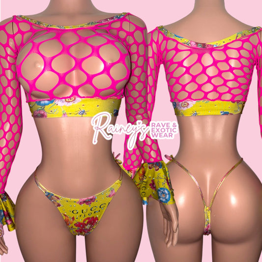 Pink/Yellow GG Fishnet Set