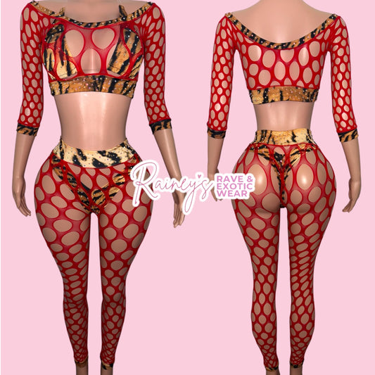 Red/Cheetah Fishnet Set