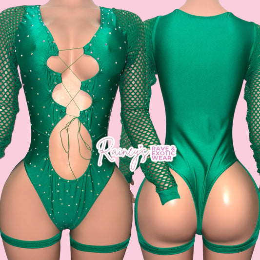 Green Fishnet Long Sleeve Set With Chaps