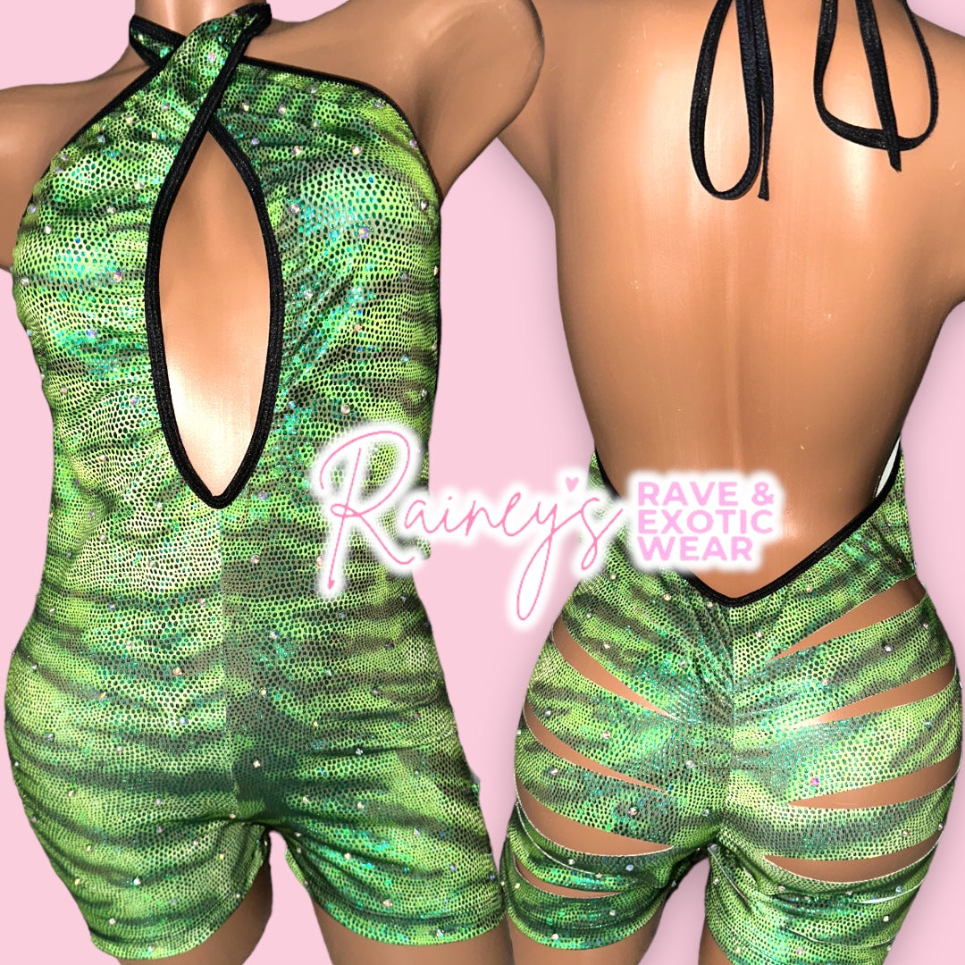 Green Tiger/Snake Print One Piece Cut Short Set