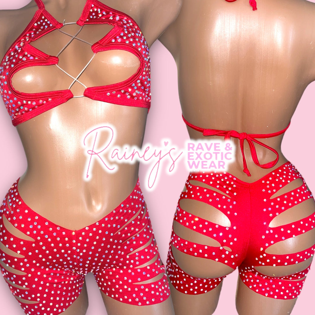 Red Jasmine Top Cut Shorts Set